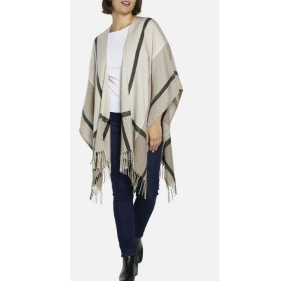 Three Dots One Size Miranda Plaid Wrap Fringe Cream Cashmere Wool Blend !LOOK!